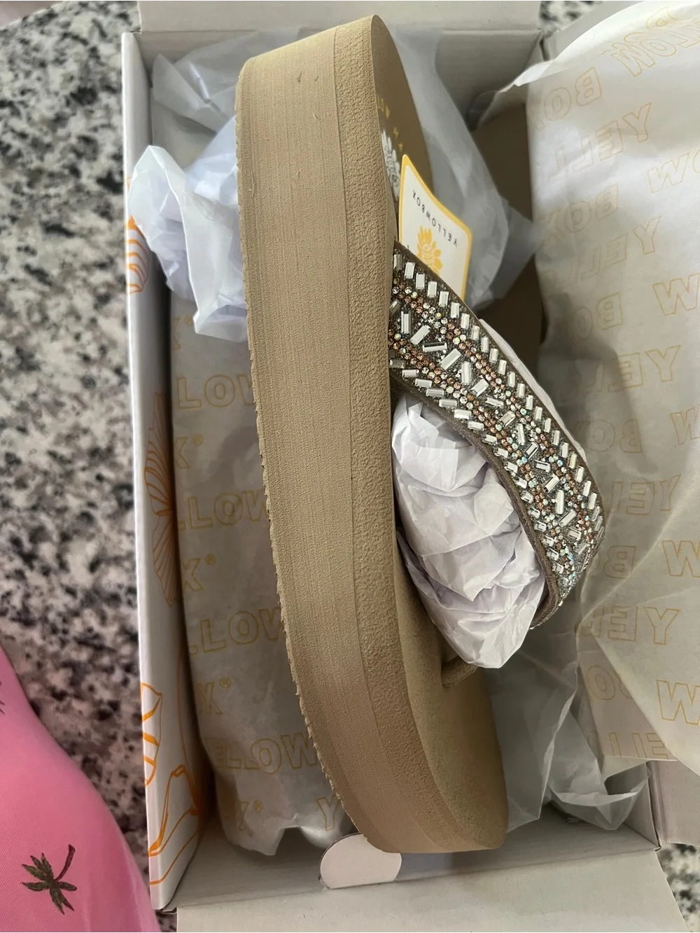 Yellow Box Leather Upper Taupe Embellished Beaded Flip Flop Sandal - Picture 3 of 4